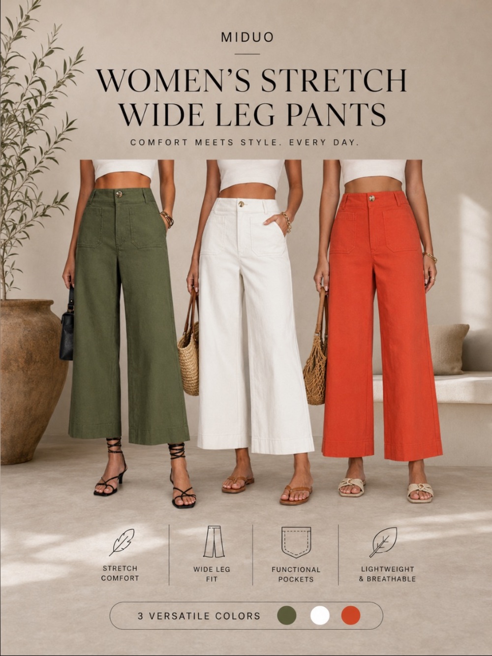 Women’s  Stretch Wide Leg Pants in Olive, White & Rust - size 26 (3 Pair bundle)